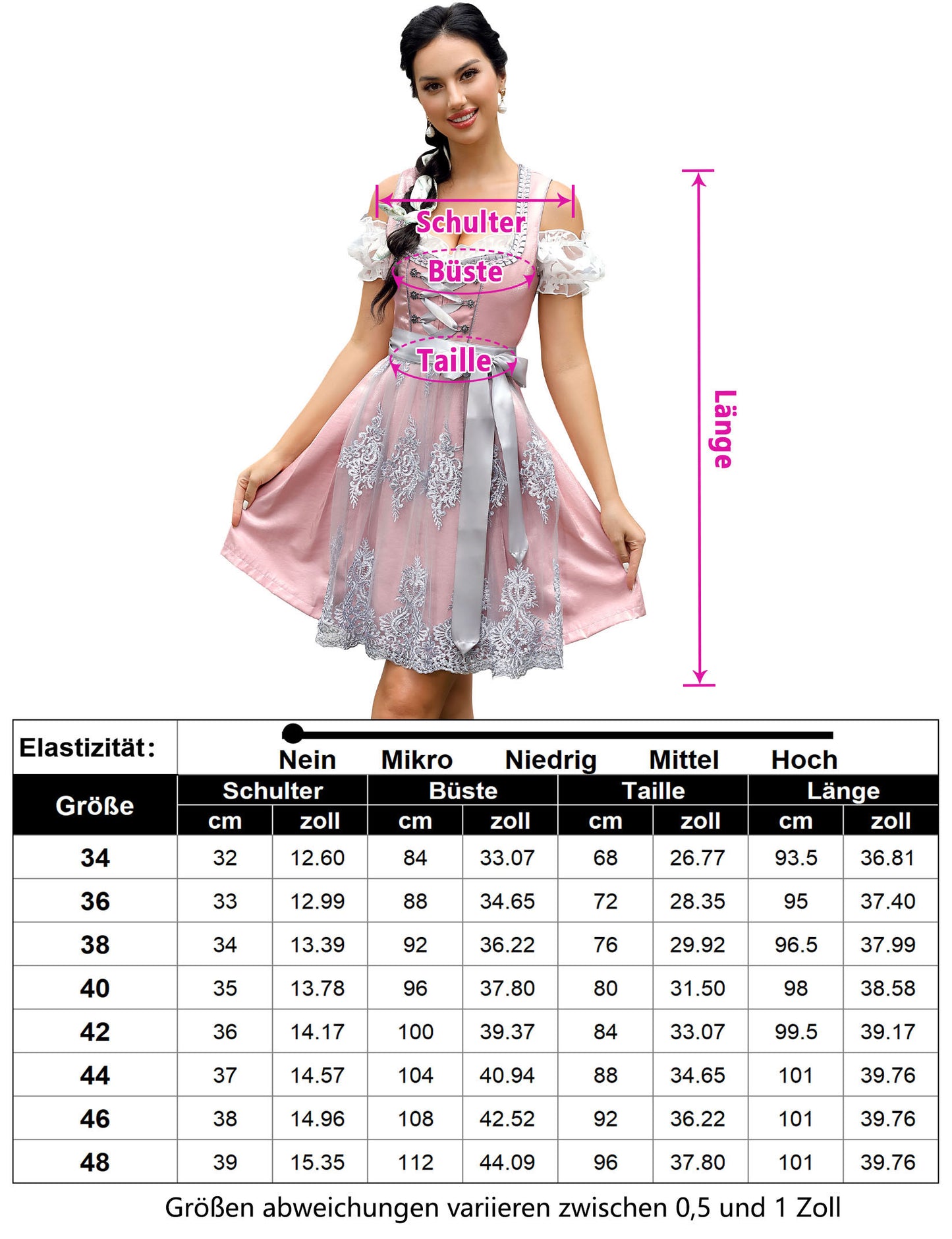 WIESNFASHION Dreiteiliges Damen Bierkleid aus Satin in Rosa