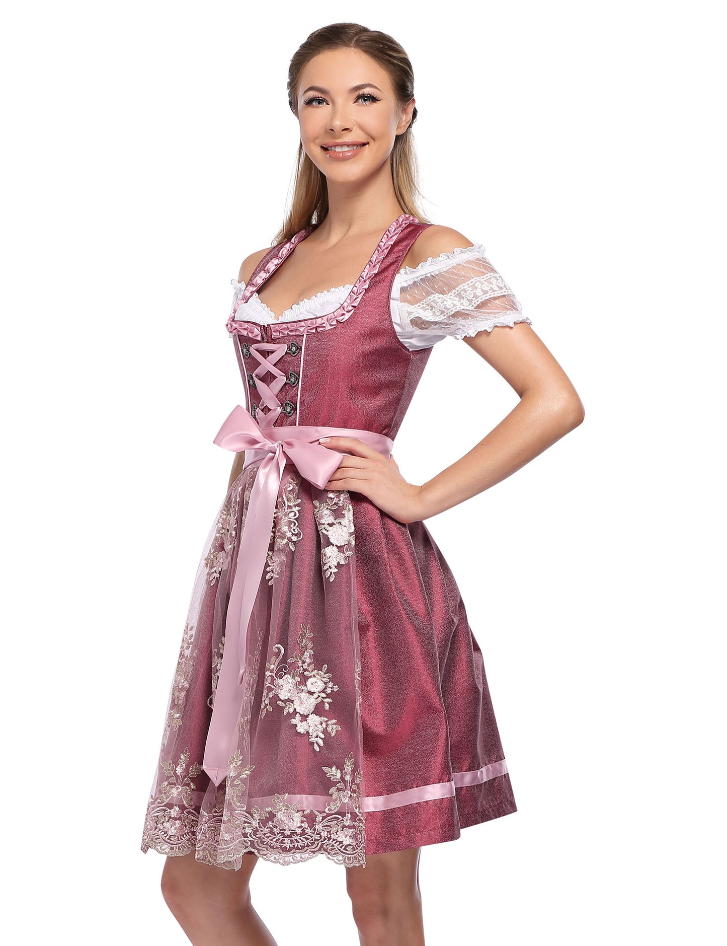 WIESNFASHION 2023 Damen Bierkleid 3er Set dunkelroter Satin