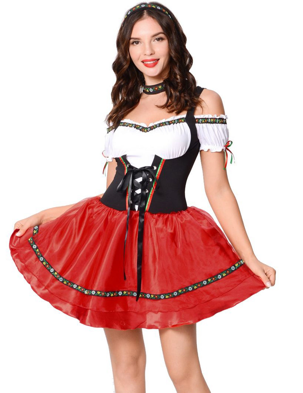 WIESNFASHION Oktoberfest Damen Kordelzug schulterfreies rotes Kleid