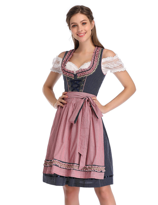 WIESNFASHION Trachten Dirndl Damen 3tlg Karierter Dirndlkleid mit Dot Trachtenkarneval Bayerisches Oktoberfest Kostüme-Dunkelblau