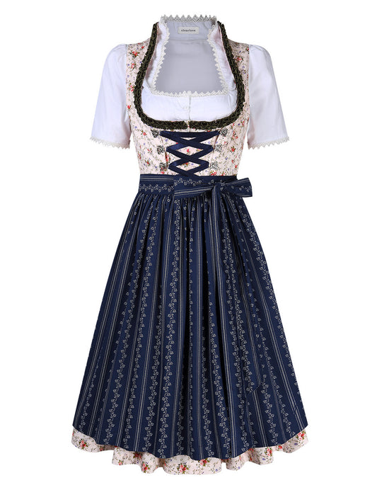 Wiesnfashion Clearlove Dirndl Damen Blumen Schnürung mit Schnalle Layered Casual Kleider 3tlg Anzug