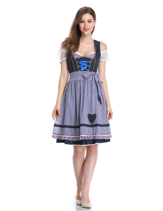 WIESNFASHION Damen Dirndl Kleid 3-teilig Oktoberfest Kostüme Blau Dot