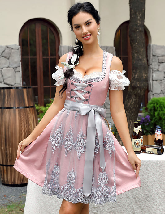 WIESNFASHION Dreiteiliges Damen Bierkleid aus Satin in Rosa