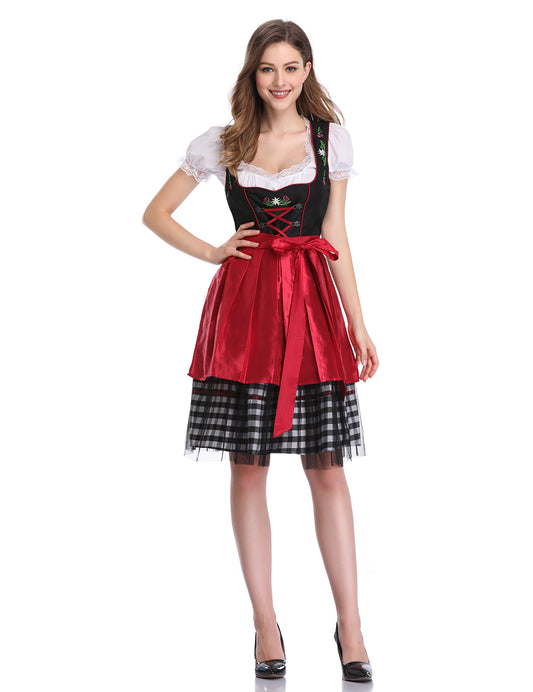 WIESNFASHION Damen Oktoberfest Plaid Mesh Stitching Stickerei A Line Abendkleider Anzug