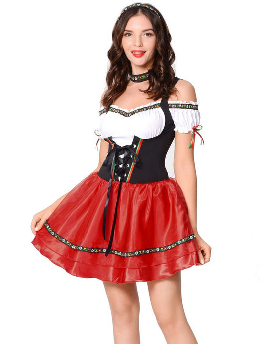 WIESNFASHION Oktoberfest Damen Kordelzug schulterfreies rotes Kleid