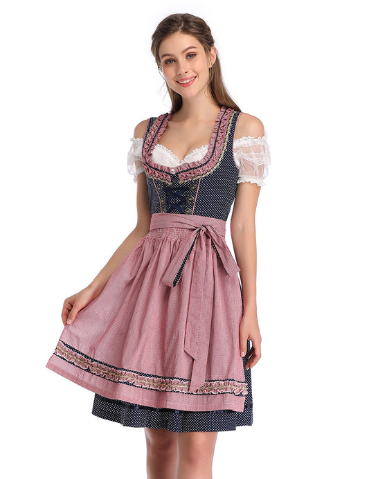 WIESNFASHION Trachten Dirndl Damen 3tlg Karierter Dirndlkleid mit Dot Trachtenkarneval Bayerisches Oktoberfest Kostüme-Dunkelblau