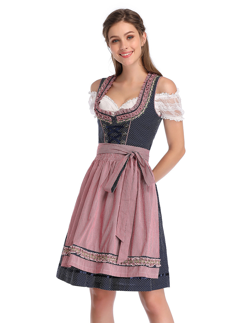 WIESNFASHION Trachten Dirndl Damen 3tlg Karierter Dirndlkleid mit Dot Trachtenkarneval Bayerisches Oktoberfest Kostüme-Dunkelblau